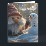 Gnome und Snowman im Winter Wunderland Karte<br><div class="desc">Eine zauberhafte Winterlandschaft mit einem niedlichen Gnome mit einem roten Hut und einem winzigen Schneemann,  umgeben von sanft fallendem Schnee. Das spielerische Duo sitzt in einer schneebedeckten Landschaft,  mit goldenen Herbstblättern im Hintergrund,  die der winterlichen Atmosphäre Wärme verleihen.</div>