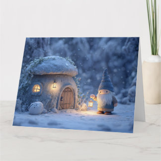 Gnome with a Lantern Outside a Snowy Stone Hut Karte