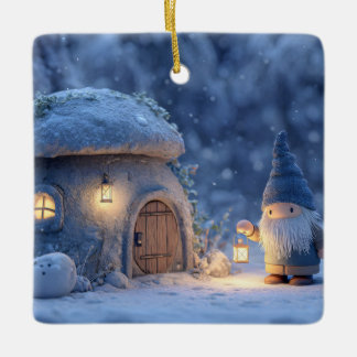 Gnome with a Lantern Outside a Snowy Stone Hut Keramikornament