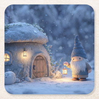 Gnome with a Lantern Outside a Snowy Stone Hut Rechteckiger Pappuntersetzer