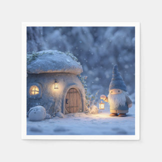 Gnome with a Lantern Outside a Snowy Stone Hut Serviette