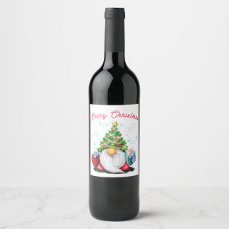 Gnome with Gift Christmas Wine Labels Weinetikett