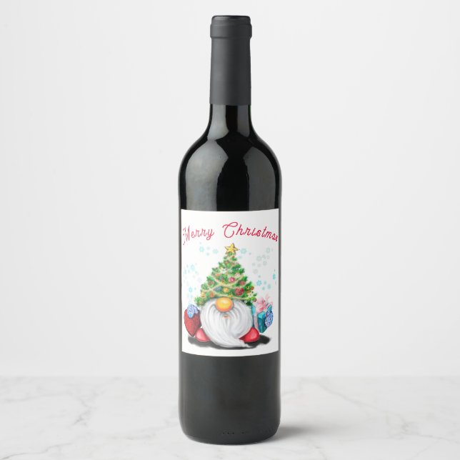 Gnome with Gift Christmas Wine Labels Weinetikett (Vorderseite)