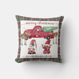 Gnomes Christmas Tree Farm Red Truck Gray Kariert Kissen