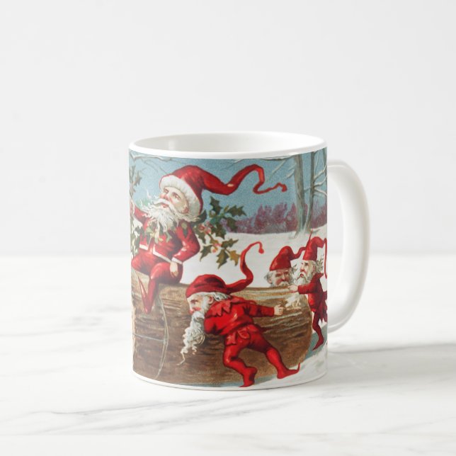 Gnomes dragging a cut tree trunk through the snow kaffeetasse (VorderseiteRechts)