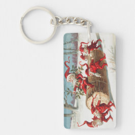 Gnomes dragging a cut tree trunk through the snow schlüsselanhänger