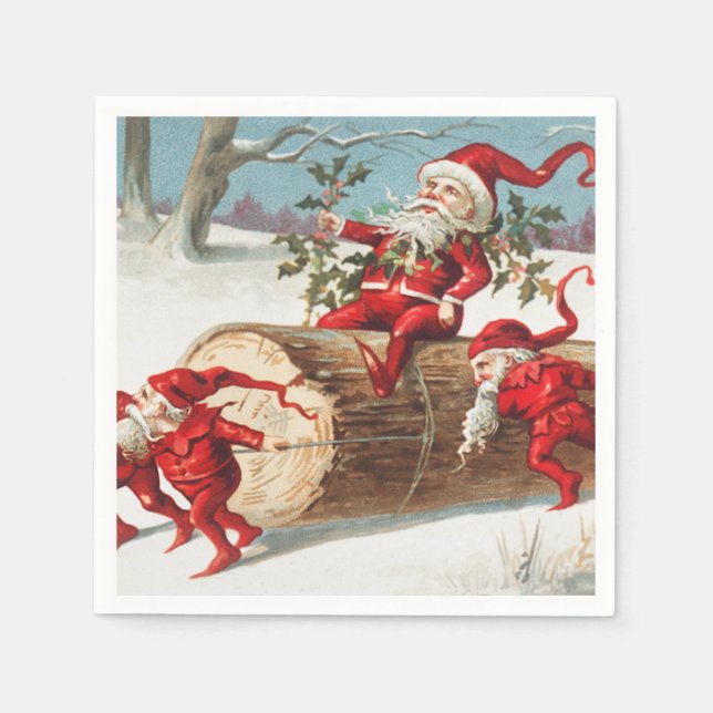 Gnomes dragging a cut tree trunk through the snow serviette (Vorderseite)