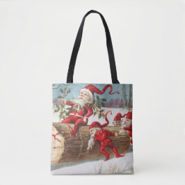 Gnomes dragging a cut tree trunk through the snow tasche