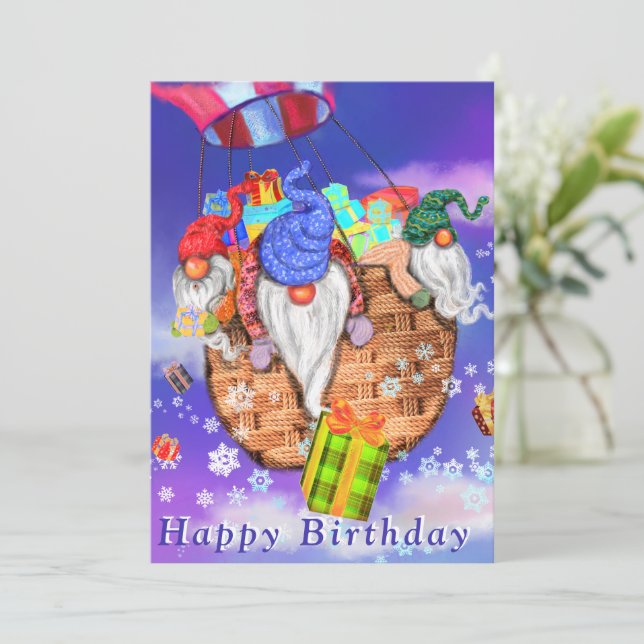 Gnomes Flying A Balloon und Gives Gifts - Geburtst (Stehend Vorderseite)