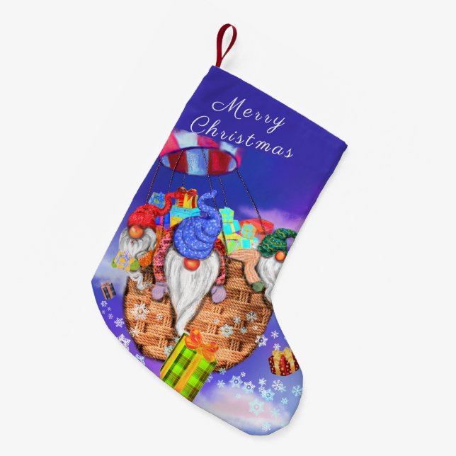 Gnomes in Balloon gibt Geschenke Weihnachts-Strump Kleiner Weihnachtsstrumpf (Vorderansicht (hängend))