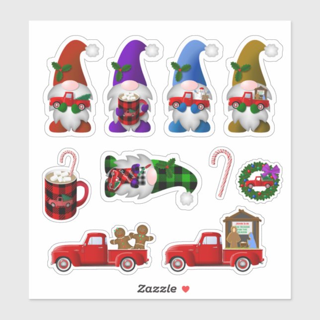 Gnomes mit kleinen roten Lastwagen Weihnachtsklebe Aufkleber (Blatt)