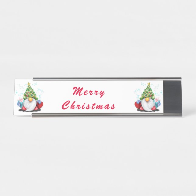 Gnomes mit Weihnachtsbaumhut und Geschenken Schreibtischnamensplakette (Vorderseite )