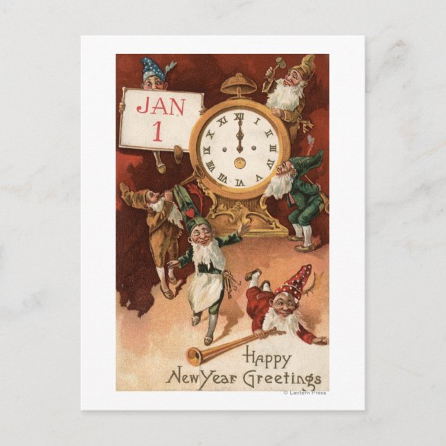 Gnomes Partying rund um eine Uhr Einladungspostkarte (Vorderseite)