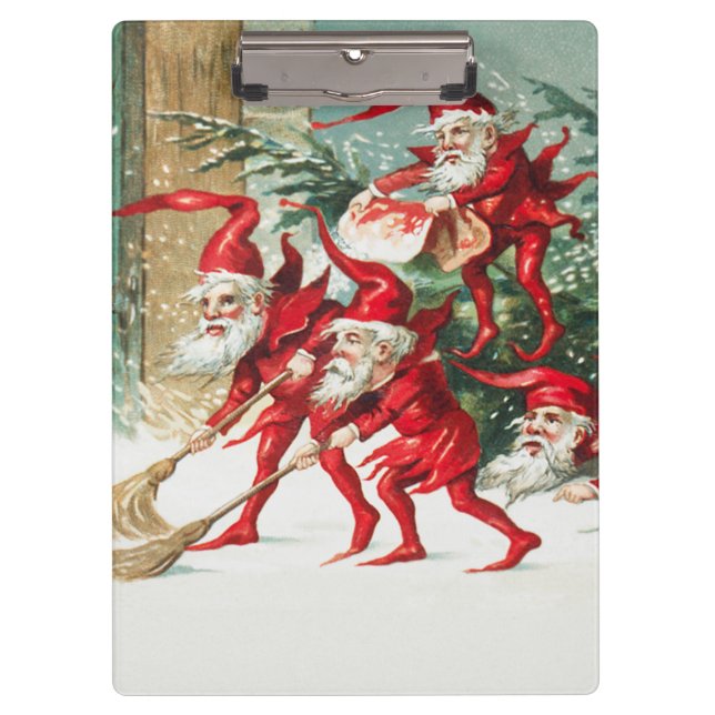 Gnomes sweeping snow with a broom klemmbrett (Vorderseite)