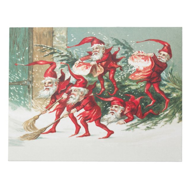 Gnomes sweeping snow with a broom notizblock (Vorderseite)