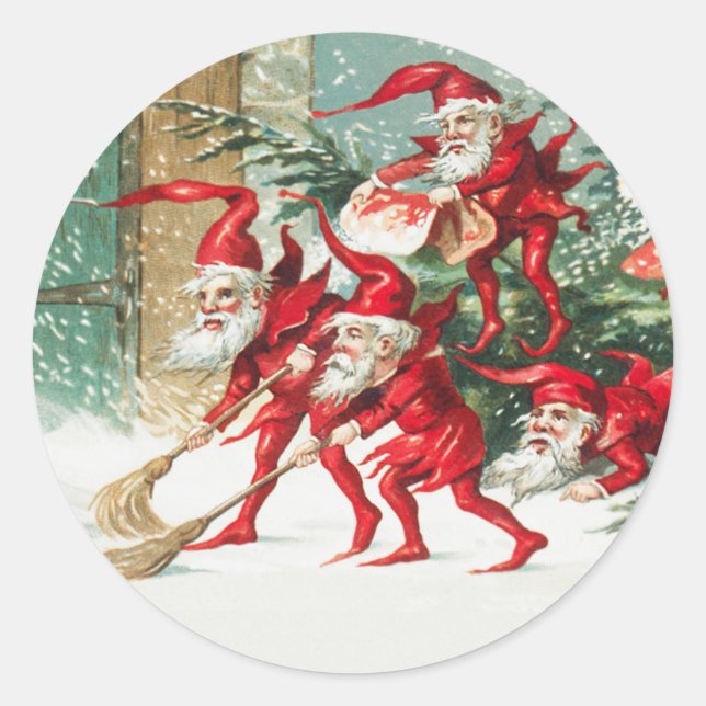Gnomes sweeping snow with a broom runder aufkleber (Vorderseite)
