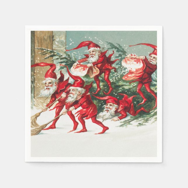 Gnomes sweeping snow with a broom serviette (Vorderseite)