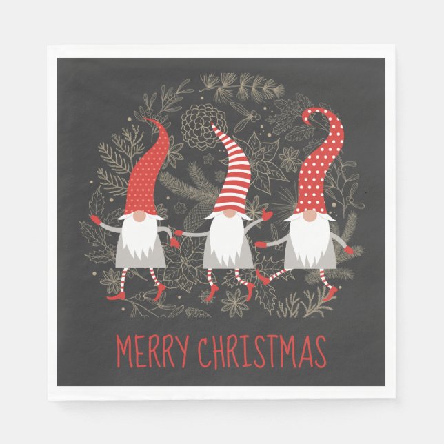 Gnomes Whimsical Frohe Weihnachts Red Black Serviette (Vorderseite)