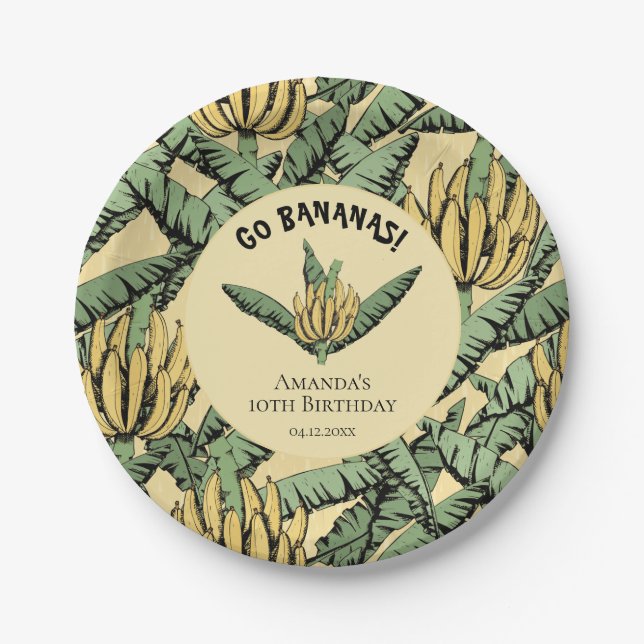 Go Bananen Yellow Tropical Yellow Banana & Blätter Pappteller (Vorderseite)