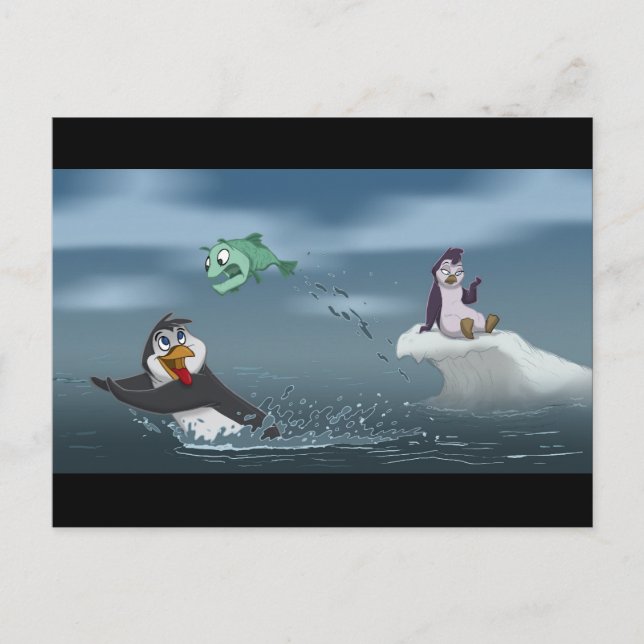 "Go Fish" Pinguin mit/Hintergrund Postkarte (Vorderseite)