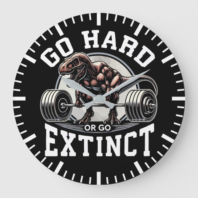 Go Hard oder Go Extinct - T-Rex-Fitnessstudio Moti Große Wanduhr (Vorderseite)
