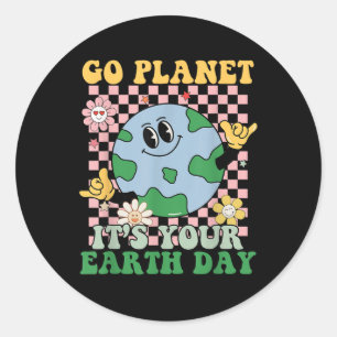 Go Planet Ihre Erde Tag Frieden Groovy Kinder Jung Runder Aufkleber