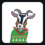 Goat Christmas Sweater Quadratischer Aufkleber<br><div class="desc">Ziegenweih,  coole Strickmode,  niedlicher Strick im Bauernstil,  gezeichnet Feiern im Kopf zeichnend,  fröhlicher Cartoon,  fröhlicher Hipster,  Retro-Vintage Weihnachtskunst ,  Mode-Urlaubsmuster ,  Winterkleid,  Ziegenweiden Weihnachtsmann , </div>