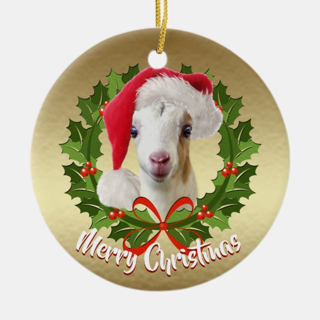 GOAT LaMancha Kid Weihnachtsmannmütze Weihnachtssc Keramik Ornament (Vorne)