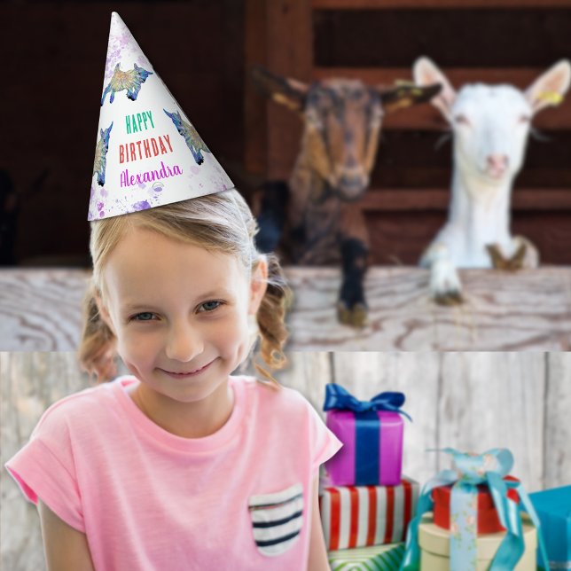 Goat Personalisiert Birthday Party Partyhütchen (Cute goat colorful farm animal art happy birthday custom name paper hat watercolor splash any age)