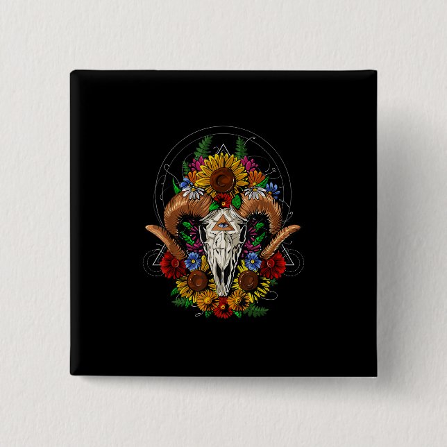 Goat Skull Psychedelic Sunblumen Button (Vorderseite)