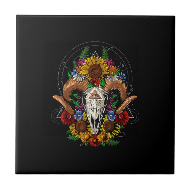 Goat Skull Psychedelic Sunblumen Fliese (Vorderseite)
