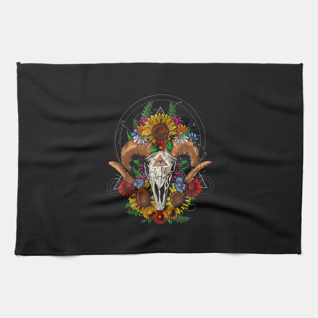Goat Skull Psychedelic Sunblumen Geschirrtuch (Horizontal)