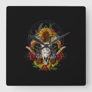 Goat Skull Psychedelic Sunflowers Quadratische Wanduhr