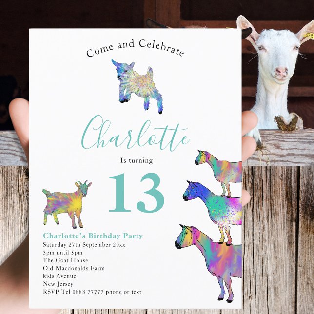 Goat Themed 13. Geburtstagsparty Einladungspostkarte (Cute farm goat themed 13th birthday party invitation with colorful watercolor animal art)