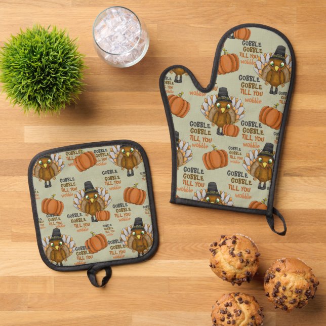 Gobble Gobble bis du benutzerdefinierten Erntedank Ofenhandschuh & Topflappen-Set (Oben Unten)