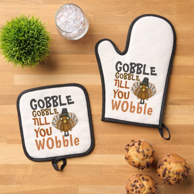 Gobble Gobble bis du benutzerdefinierten Erntedank Ofenhandschuh & Topflappen-Set (Oben Unten)