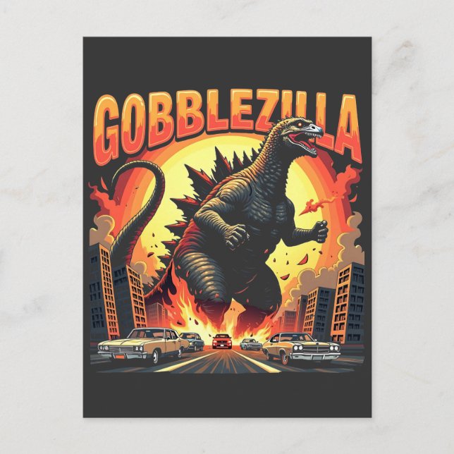 Gobblezilla Spooky Türkei Erntedank Gobble Einladungspostkarte (Vorderseite)