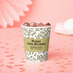 Gobelets En Papier 100e anniversaire Gold/White Random Number Motif