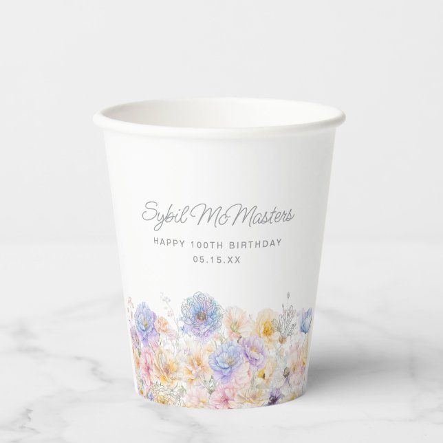 Gobelets En Papier 100e fête d'anniversaire aquarelle Floral Custom (Recto)