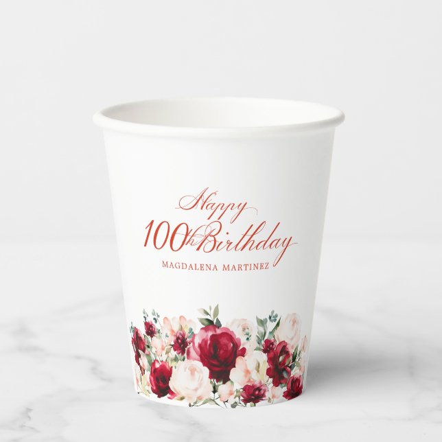 Gobelets En Papier 100e fête d'anniversaire Red Rose Peony Personnali (Recto)