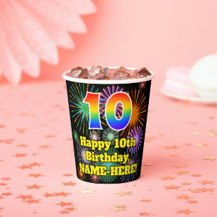 Gobelets En Papier 10e anniversaire : Fun Motif Fireworks + Rainbow 1