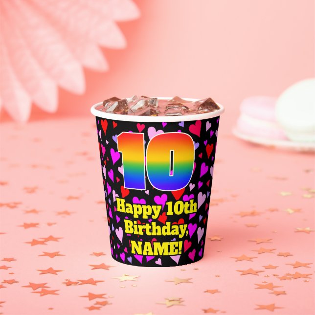 Gobelets En Papier 10th Birthday: Loving Hearts Pattern, Rainbow 10 (Insitu)