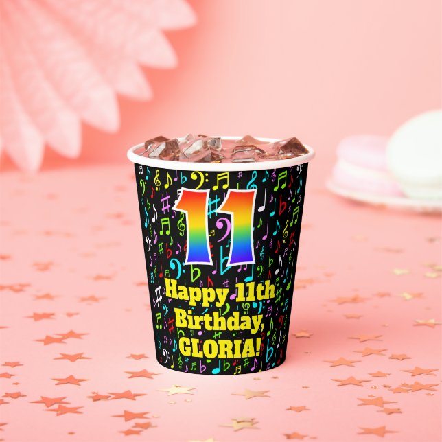 Gobelets En Papier 11e anniversaire : Fun Music Notes Motif, Rainbow  (Insitu)