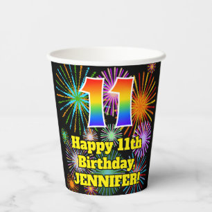 Gobelets En Papier 11e anniversaire : Motif Fun Fireworks + Arc-en-ci