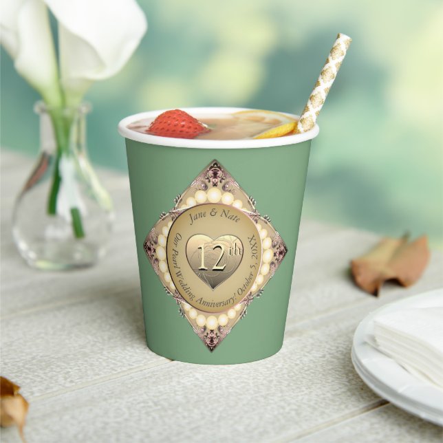 Gobelets En Papier 12e/30e anniversaire de Mariage Pearl & Green (Insitu)