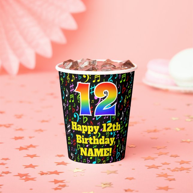 Gobelets En Papier 12e anniversaire : Fun Music Notes Motif, Rainbow  (Insitu)