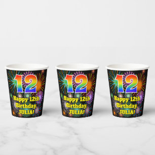 Gobelets En Papier 12ème anniversaire : Fun Motif feux d'artifice + A