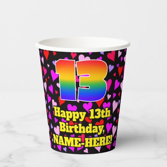 Gobelets En Papier 13e Birthday: Patters de Loving Hearts, Rainbow 13 (Recto)