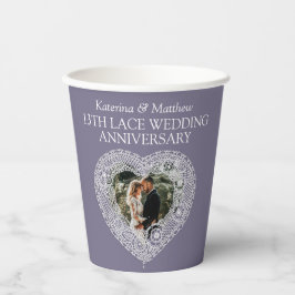 Gobelets En Papier 13e Mariage dentelle anniversaire coeur photo gris