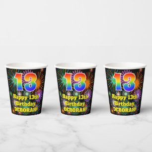 Gobelets En Papier 13ème anniversaire : Fun Fireworks Motif + Rainbow